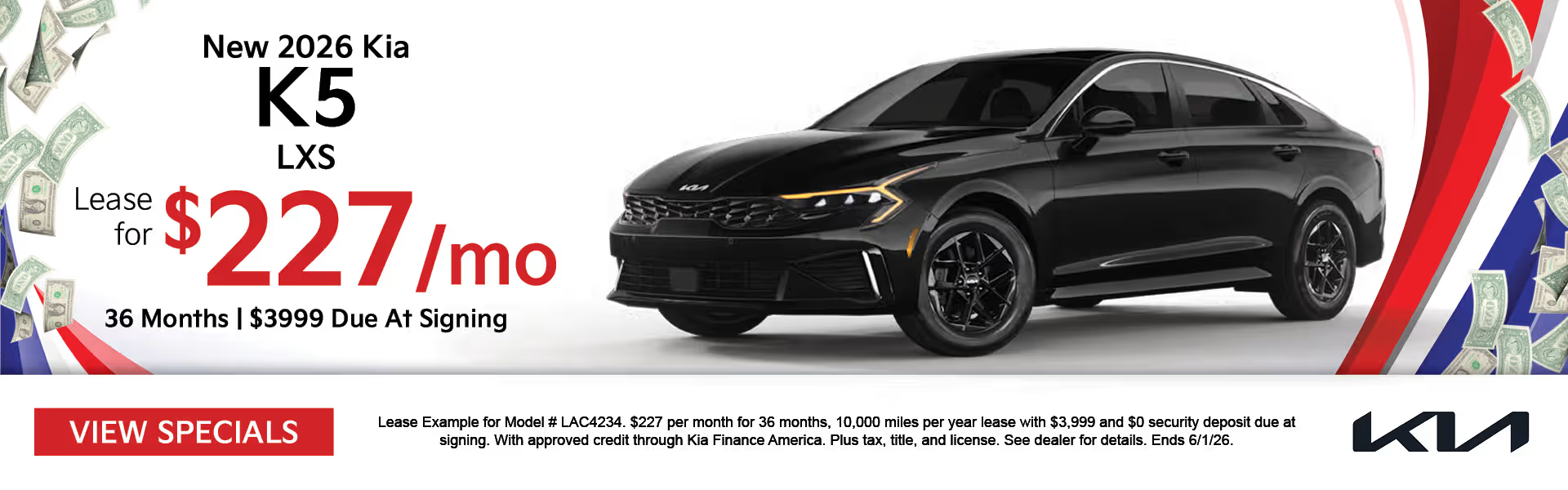 New 2026 Kia K5 LXS Lease for $227/mo 36 months | $3999 due at signing